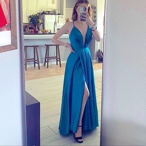 Betsy and Adam Blue Satin Plunge Neckline Gown/Prom